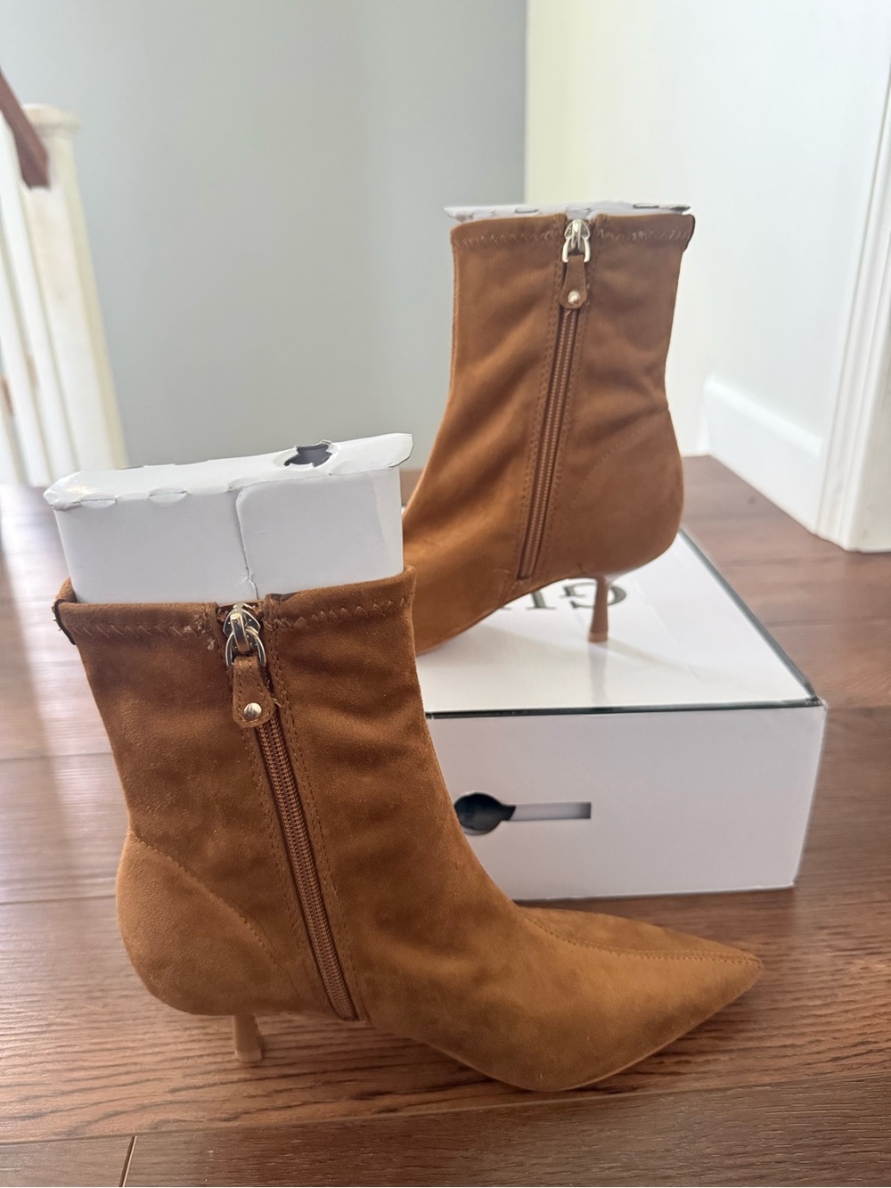 Guess Pointed-Toe Suede Ankle Booties in Tan